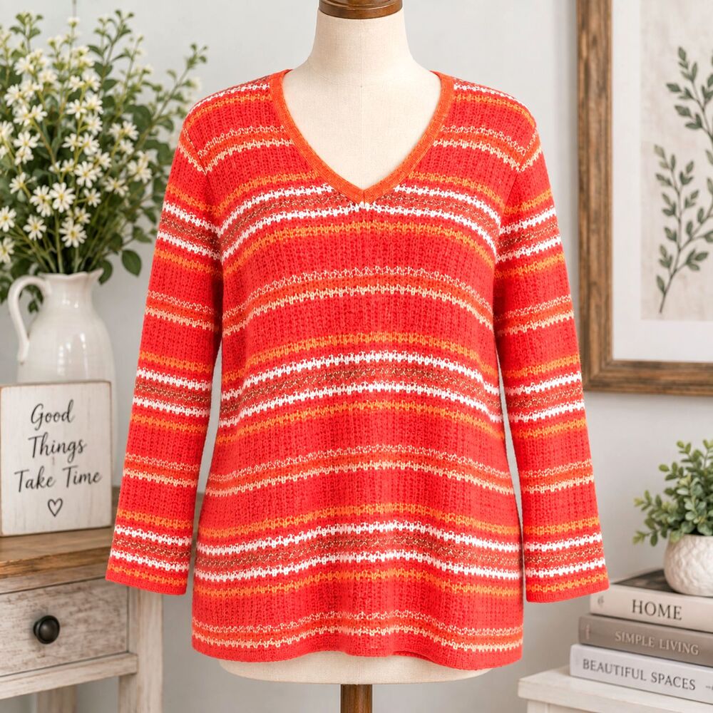 Vintage Liz Claiborne Orange Striped Cotton Sweater Women's XL Pullover